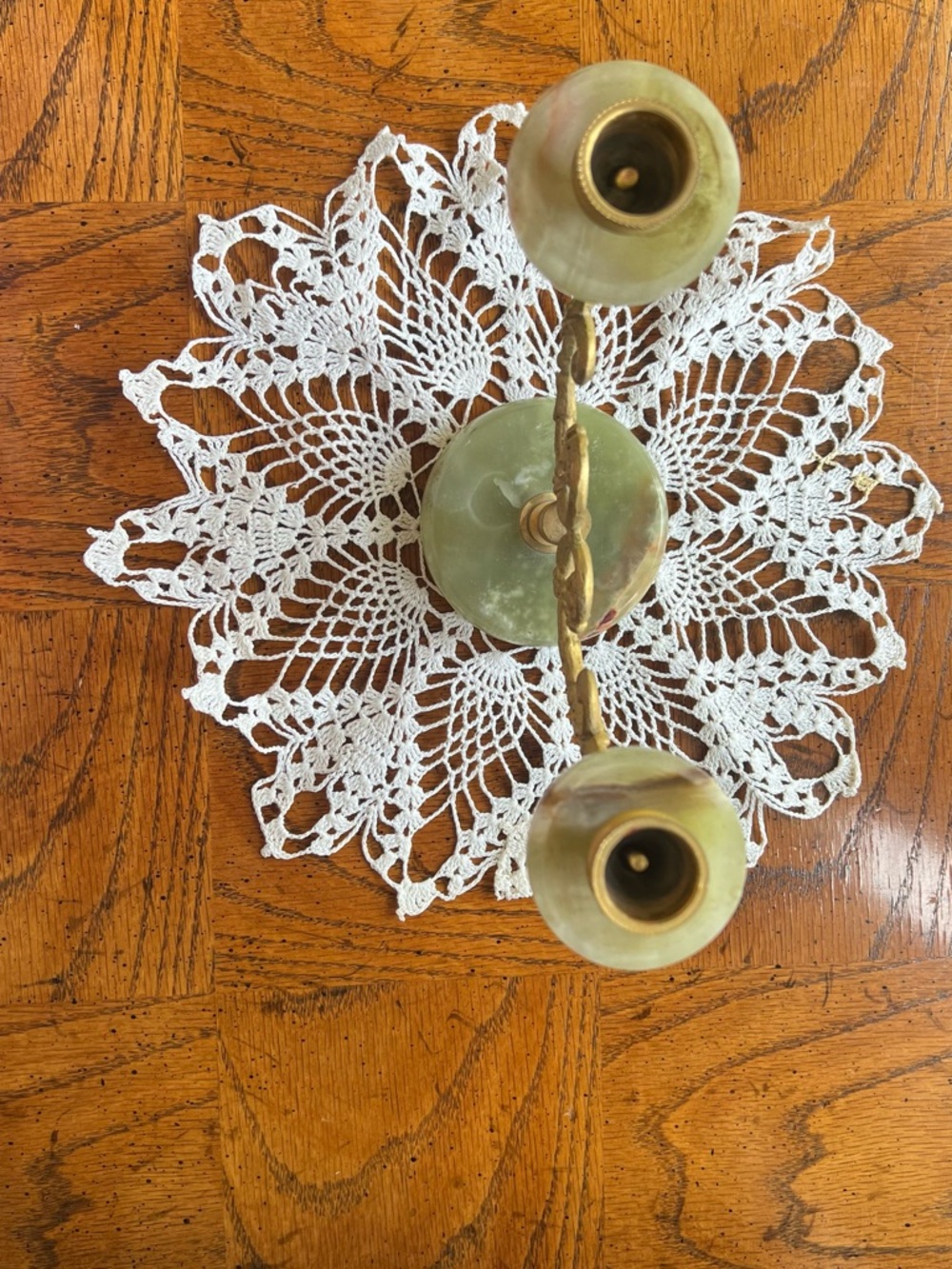 Vintage Two-Arm Jade & Brass Candle Holder - Green - Picture 2 of 4
